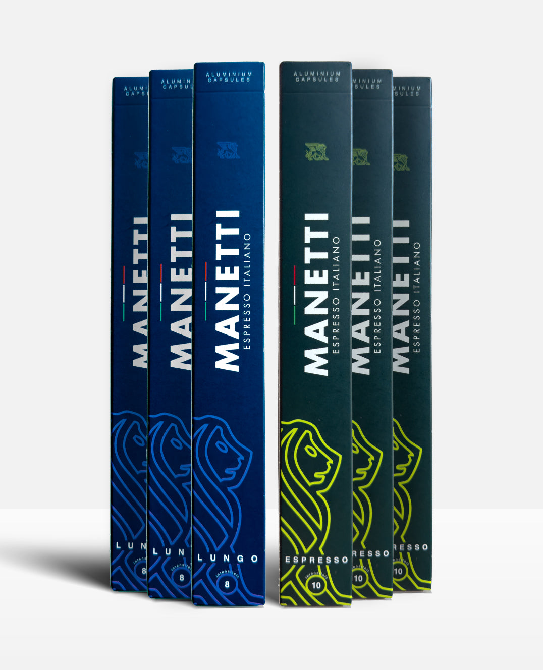 Manetti Premium Koffiecups Proefpakket: 3 blauwe doosjes Lungo (intensiteit 8) en 3 groene doosjes Espresso (intensiteit 10), aluminium cups