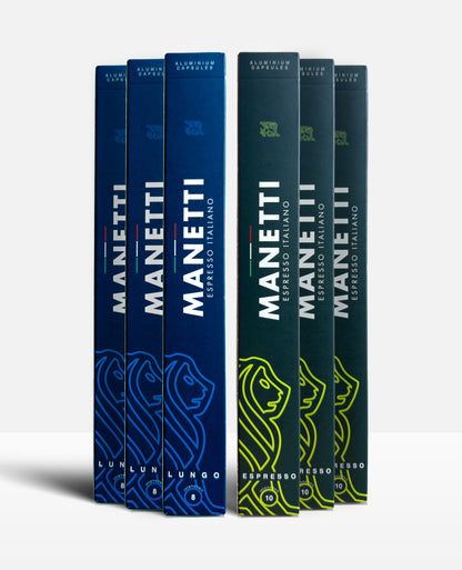 Manetti Premium Koffiecups Proefpakket: 3 blauwe doosjes Lungo (intensiteit 8) en 3 groene doosjes Espresso (intensiteit 10), aluminium cups